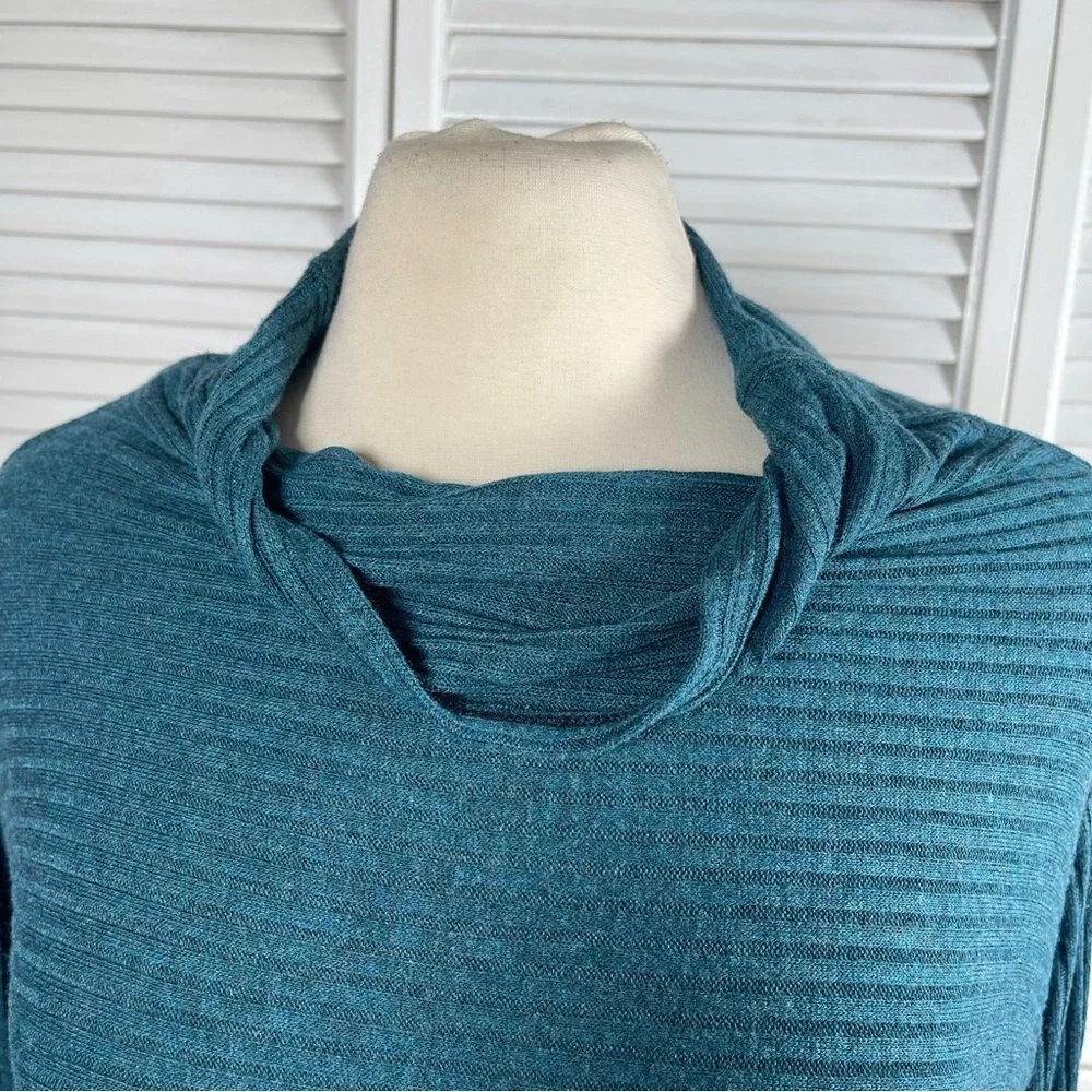 💙 Free People “We The Free” Ribbed Cowl Neck Top – Teal Heather - Picture 2 of 12